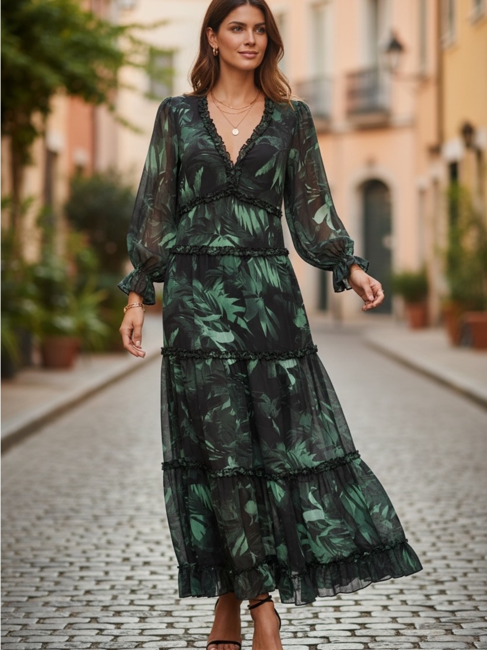 Truly 4 You Small Sheer Green Leaf Print Tiered Maxi Dress - Black & Emerald